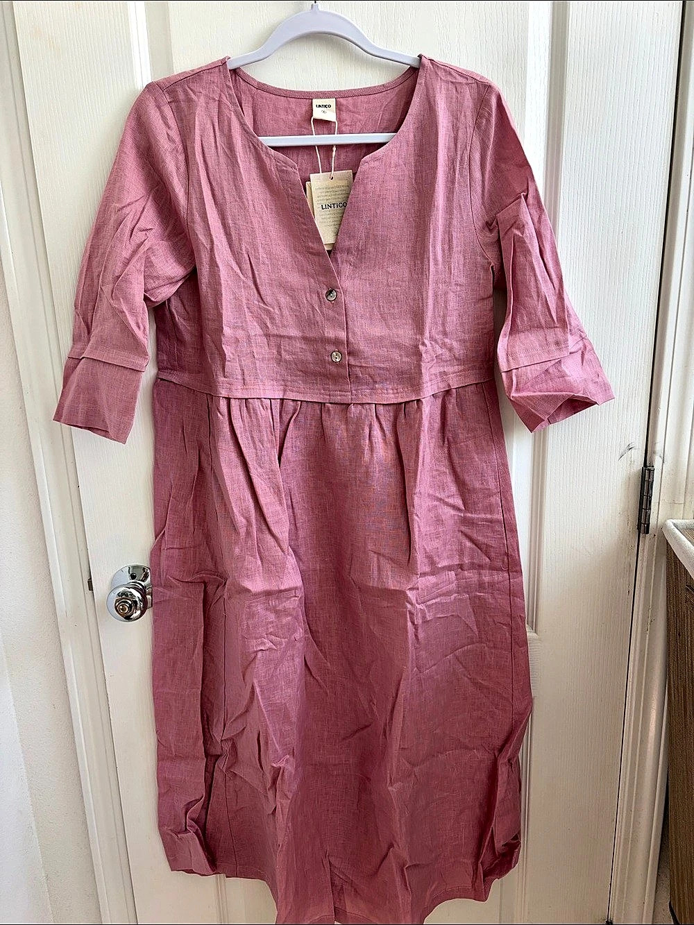 Lintico 100% Linen Loose Fit Button Waist Gathered Midi Dress LUNA Linen